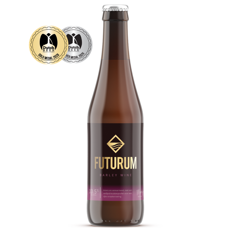 Prijswinnende Barley Wine van Futurum met gouden medaille Dutch Beer Challenge 2026, krachtig speciaalbier van 10,5%.