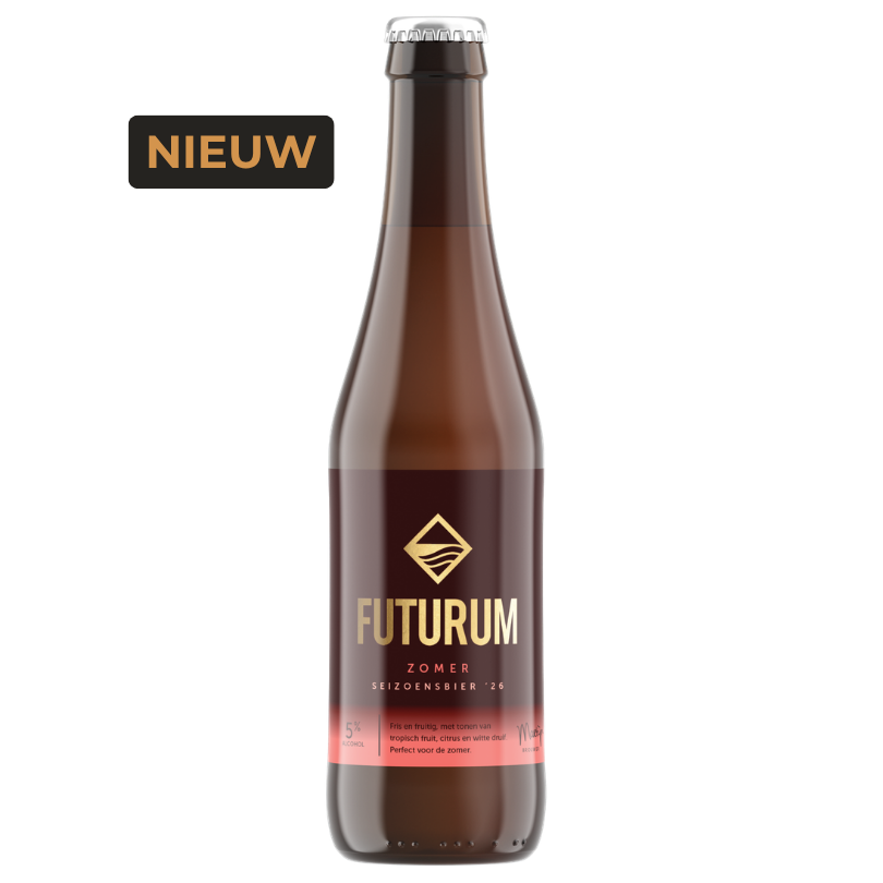 Fles Zomerbier 2026 van Futurum, fruitige NEIPA van 5% met tropische hoparoma's en troebel lichtgeel uiterlijk.