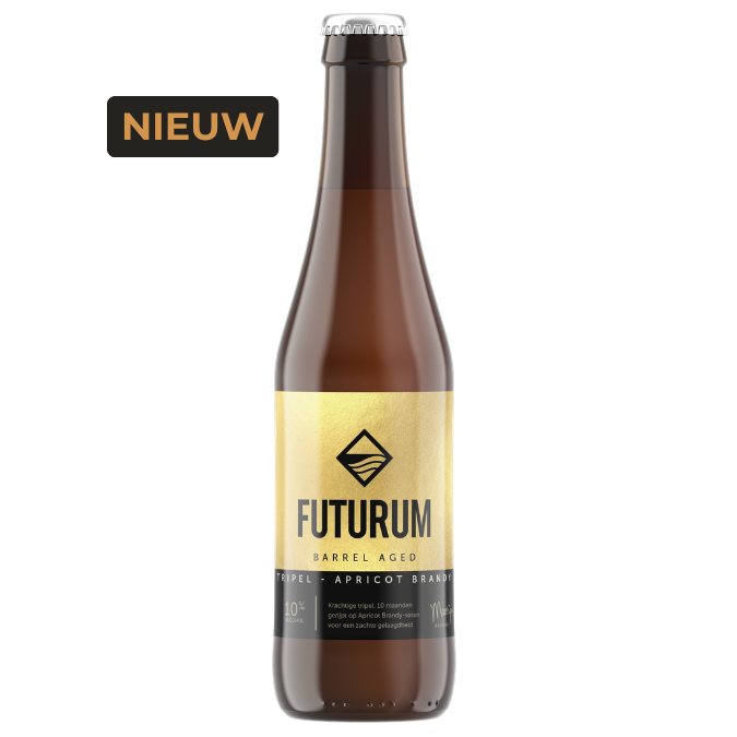 Futurum Barrel Aged Tripel Apricot Brandy van 10%, 10 maanden vatgerijpt met tonen van perzik, amandel en gedroogd fruit.
