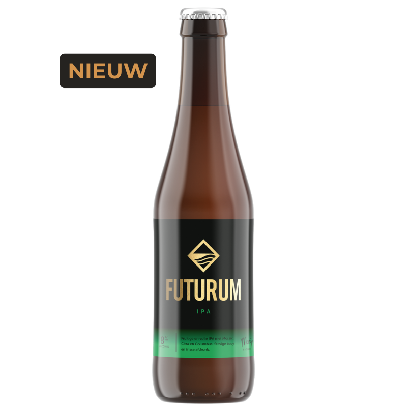Helder goudkleurige IPA van 8% met stevige schuimkraag en fruitige hopgeur, geserveerd in Futurum-glas.