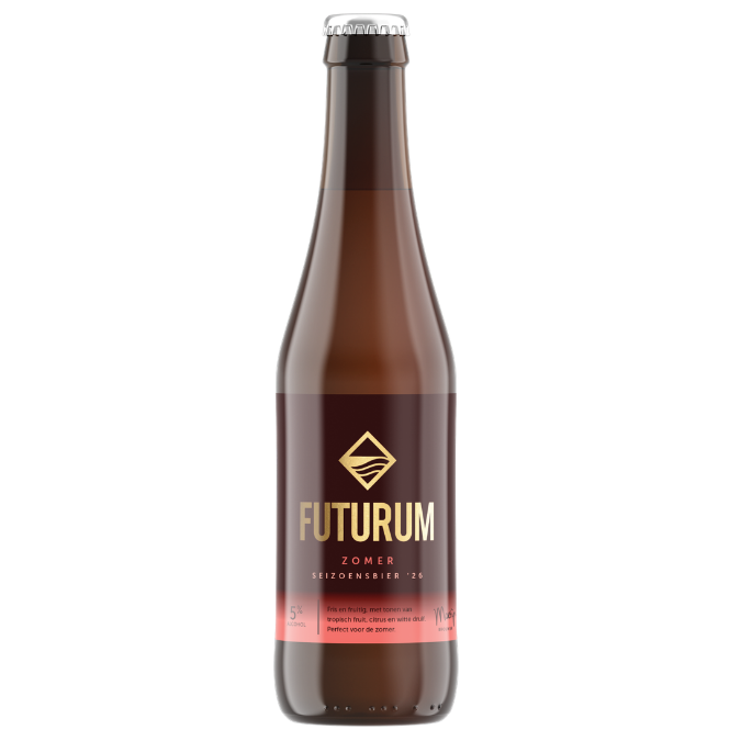 Fles Zomerbier 2026 van Futurum, fruitige NEIPA van 5% met tropische hoparoma's en troebel lichtgeel uiterlijk.