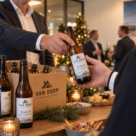 Bier met eigen etiket op kerstborrel Bier met eigen etiket op kerstborrel